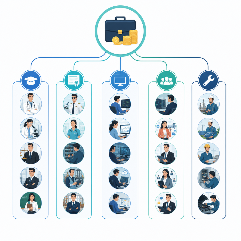 Illustration: 25 careers grouped by entry route