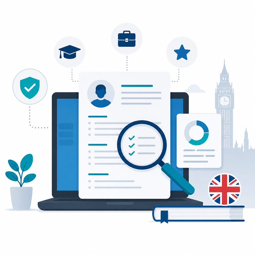 Diagram showing how a free CV checker UK parses a CV, extracts keywords and scores formatting